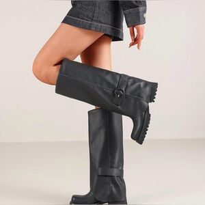 New Black Knee-High Women's Moto Chunky Riding Boots